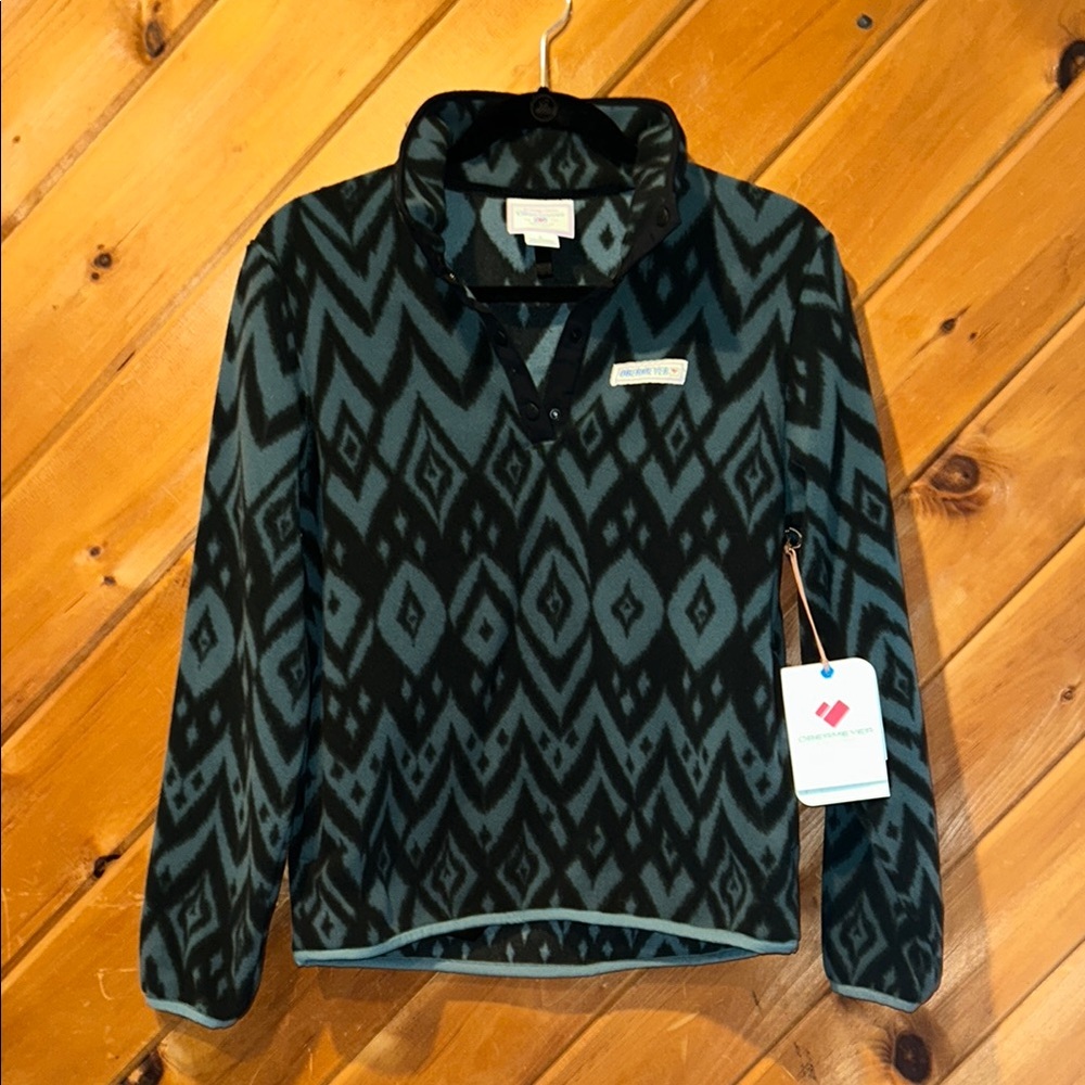 Obermeyer boulder pullover green & black festival Ikat pattern teen girls large